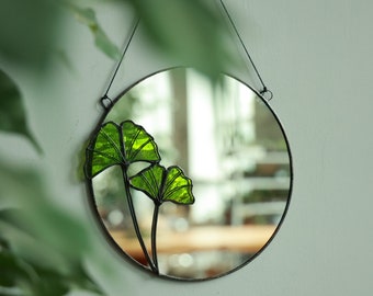 Round stained glass mirror with Ginkgo leaves, Circle wall hanging mirror, Botanical plant floating mirror, Bathroom accent mirror