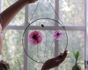 Pink pressed flower floating frame, wall hanging Botanical art, Floral herbarium stained glass panel