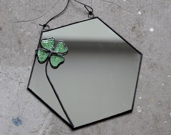 Geometrical stained glass mirror Lucky Clover, Floating wall mirror, Hexagon wall hanging mirror with botanical green plant, Home decor