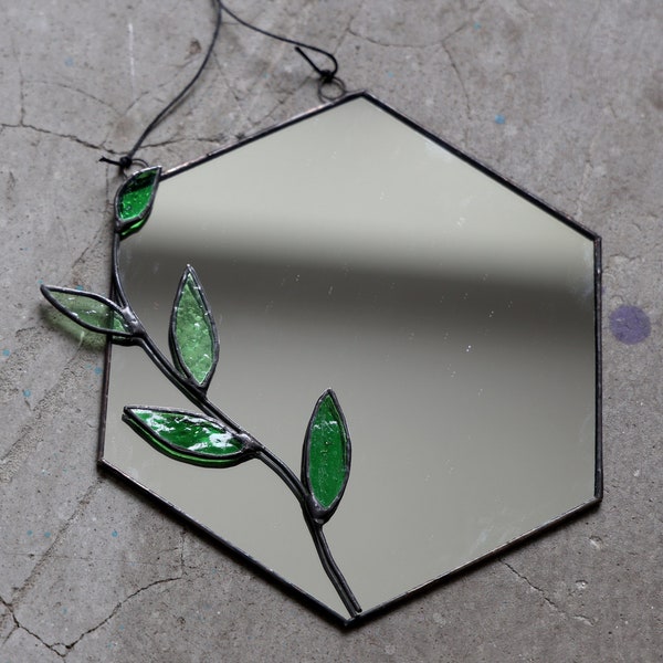 Decorative twig with leaves stained glass mirror, Hexagon wall hanging mirror with botanical green branch, Boho floating mirror wall decor