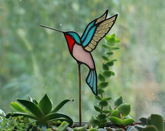 Gebrandschilderd glas kolibrie plantenstok, tropische vogel suncatcher pot stick, binnentuin dierendecor. Kerstcadeau natuurliefhebber