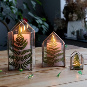 Pressed fern stained glass candle holder, Candlestick set with dried plant decor, Botanical wedding tealight candle holder