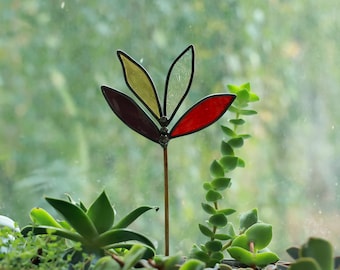 Autumn leaves stained glass plant stake, Fall suncatcher pot stick, Indoor garden plant buddy, Twig pot decor, Christmas nature lover gift