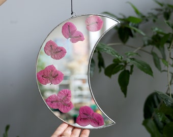 Bougainvillea botanical wall hanging mirror, Pressed flower framed wall art, Crescent moon mirror, Herbarium celestial accent mirror