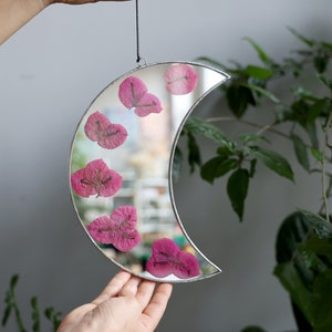 Bougainvillea botanical wall hanging mirror, Pressed flower framed wall art, Crescent moon mirror, Herbarium celestial accent mirror