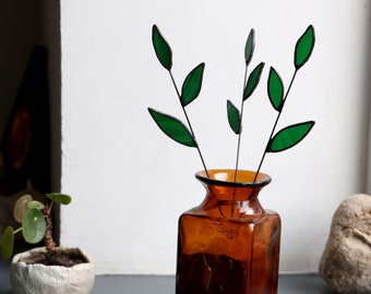 Stained Glass green Leaves on a Stem, Single Branch, plant suncatcher, Sun Catcher,