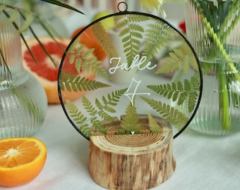 Wedding Table Number With Dried Fern – Botanical Pressed Plant Round Glass Frame, Seating Sign Decor