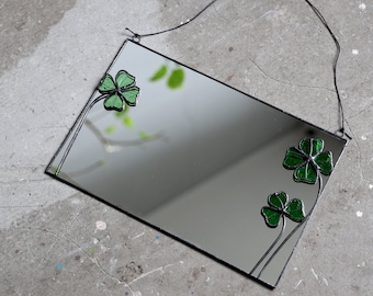 Irregular stained glass mirror with green clover accent Irish shamrock floating asymmetrical mirror, Botanical wall hanging mirror