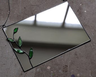 Rectangle stained glass mirror with green branch decor, Asymmetrical wall hanging mirror with twig leaves