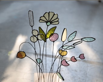 Stained Glass Flower bouquet on a Stem, set of 14 flowers with wooden stand, Sun Catcher,
