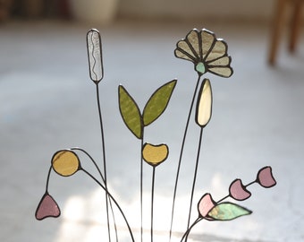 Stained Glass Flower on a Stem,  bouquet of 5 or 9 flowers, Sun Catcher, Living room art,