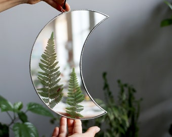 Crescent moon mirror with pressed fern, Framed herbarium wall art decor, Witchy elven forest room decor, Dried herbs in stained glass