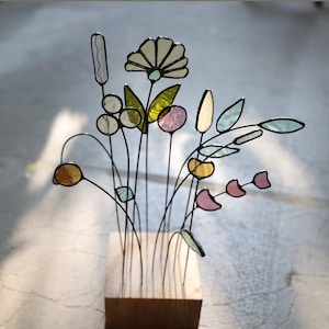 Stained Glass Flower bouquet on a Stem, set of 14 flowers with wooden stand, Sun Catcher,