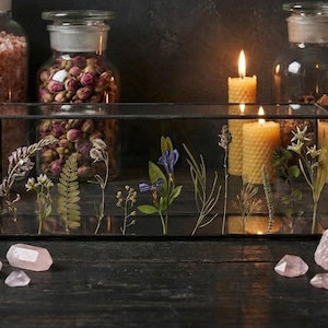 Stained glass terrarium with pressed flowers, Rectangular candle holder, Indoor garden planter, Succulent plant pot, Wedding centerpiece