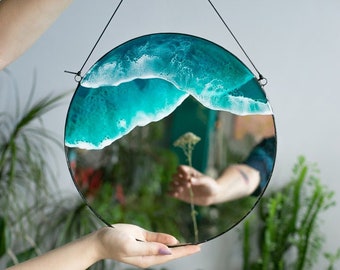 Resin sea art decorative mirror, Ocean resin art round wall mirror, Stained glass accent mirror, Beach bathroom home decor