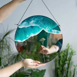 Resin sea art decorative mirror, Ocean resin art round wall mirror, Stained glass accent mirror, Beach bathroom home decor