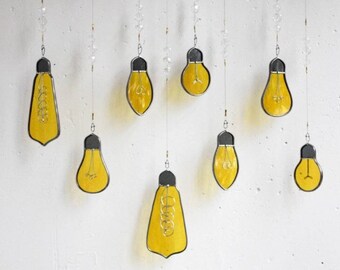 Yellow lightbulb stained glass suncatcher, Window cling industrial home decor, Boho cottagecore light catcher, Wall hanging decoration