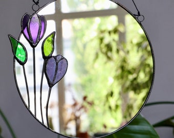 Crocus glass flowers on mirror, Sun Catcher, purple green flowers, bedroom glass decor, bathroom flower decor