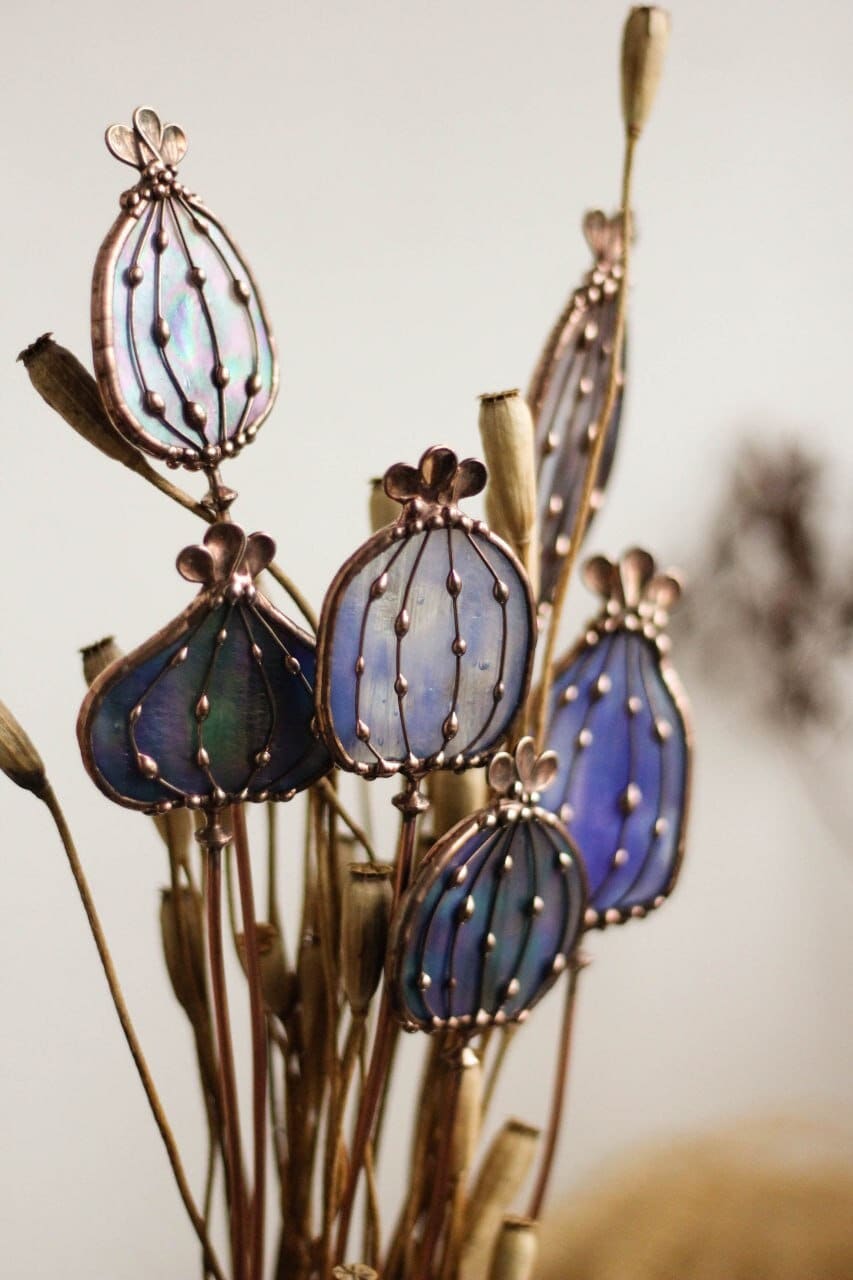 Blue Stained Glass Flower Heads Plant Stake. Fantasy Floral Etsy UK