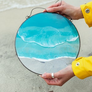 Unique round sea resin wall art, Epoxy resin ocean wave window hanging, Framed sea wave beach home decor, Blue stained glass floating frame