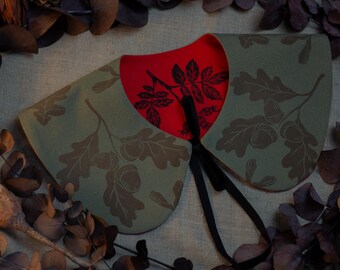 Olive linen Collar, Acorn & Rosehip Design, Botanical pattern, Handprinted Fabric Accessory