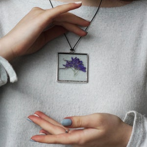 Stained glass Herbarium pendant, Botanical jewelry, geometric with pressed plants, wildflowers and leaves 7