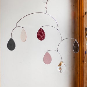 Floating stained glass suncatcher mobile, Sparkling prism window hanging home decor, Pink glass drops light catcher, Christmas gift