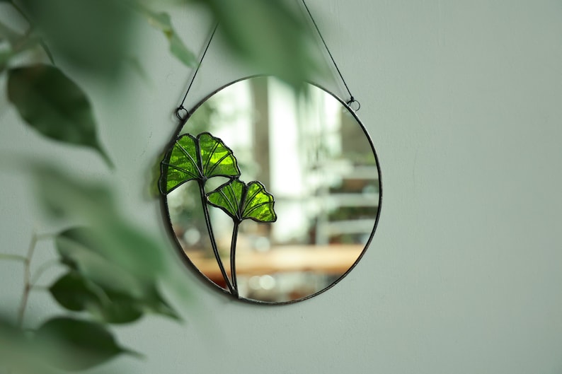 Round stained glass mirror with Ginkgo leaves, Circle wall hanging mirror, Botanical plant floating mirror, Bathroom accent mirror image 1