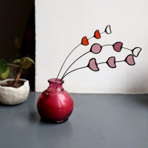 Stained Glass field Flower on a Stem, Single Branch, Sun Catcher, red and pink flowers