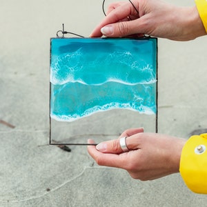 Art en résine vagues de la mer, petit cadre flottant d&#39;art en résine de l&#39;océan rectangle, panneau de vitrail avec peinture vague d&#39;art fluide, suspension murale côtière