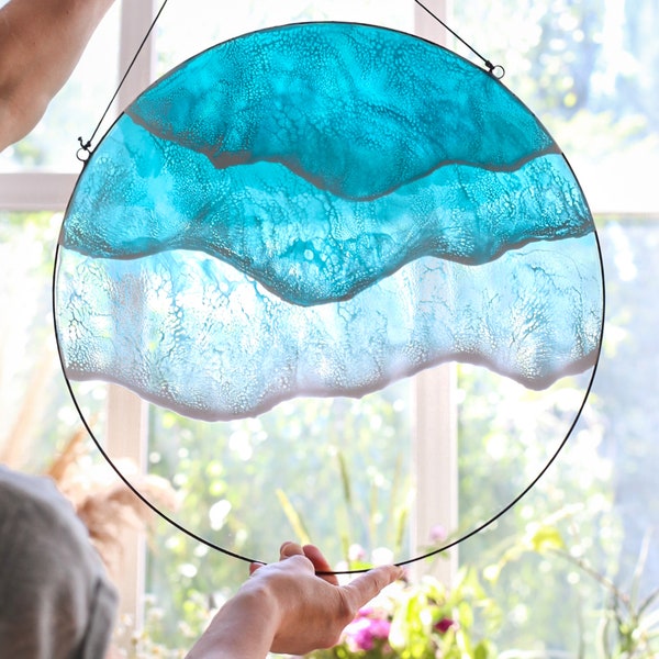 Ocean home glass decor, Stained glass window hangings, Epoxy resin art, Sea wave wall art, Round coastal floating  frame