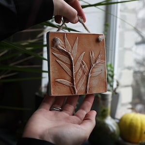 Botanical Relief Wall Hanging, Handmade Floral Plaster Art, Nature Imprint Home Decor, Rustic Wall Tile