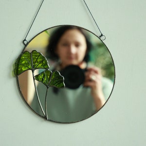 Round stained glass mirror with Ginkgo leaves, Circle wall hanging mirror, Botanical plant floating mirror, Bathroom accent mirror image 3