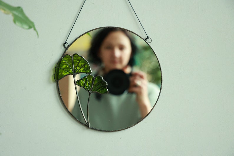 Round stained glass mirror with Ginkgo leaves, Circle wall hanging mirror, Botanical plant floating mirror, Bathroom accent mirror image 3