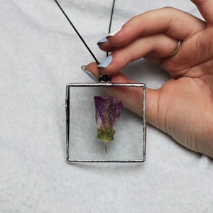 Stained glass Herbarium pendant, Botanical jewelry, geometric with pressed plants, wildflowers and leaves image 9