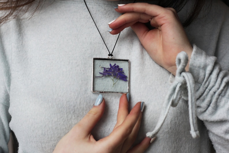 Stained glass Herbarium pendant, Botanical jewelry, geometric with pressed plants, wildflowers and leaves image 1