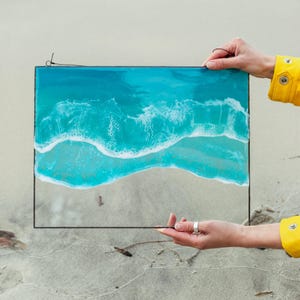 Ocean Wave Glass Wall Art, Sea Glass Sun Catcher, Resin ocean art wall hanging, Rectangular glass, floating frames, Beach home decor