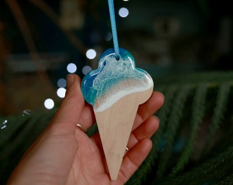 Ice Cream Cone Christmas ornament, resin sea wave wood Xmas hanging decoration, foody Winter holiday decor