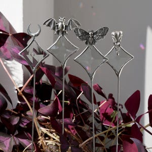 Gothic stained glass plant stake, Geometrical beveled suncatcher pot stick with an upward crescent moon, moth, skull, bat, Halloween decor