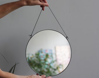 Round wall mirror, Minimalist circle hanging mirror, Black stained glass industrial mirror, Decorative mirror, 8", 10", 12" bathroom mirror