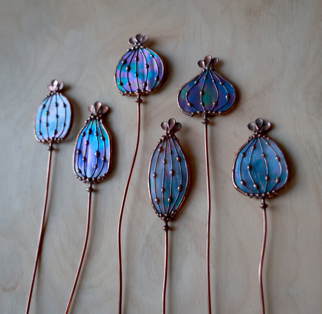 Blue Stained Glass Flower Heads Plant Stake. Fantasy Floral Etsy