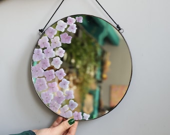 Pressed Hydrangea round mirror, Floral stained glass mirror, Circle decorative mirror, Framed herbarium wall hanging mirror