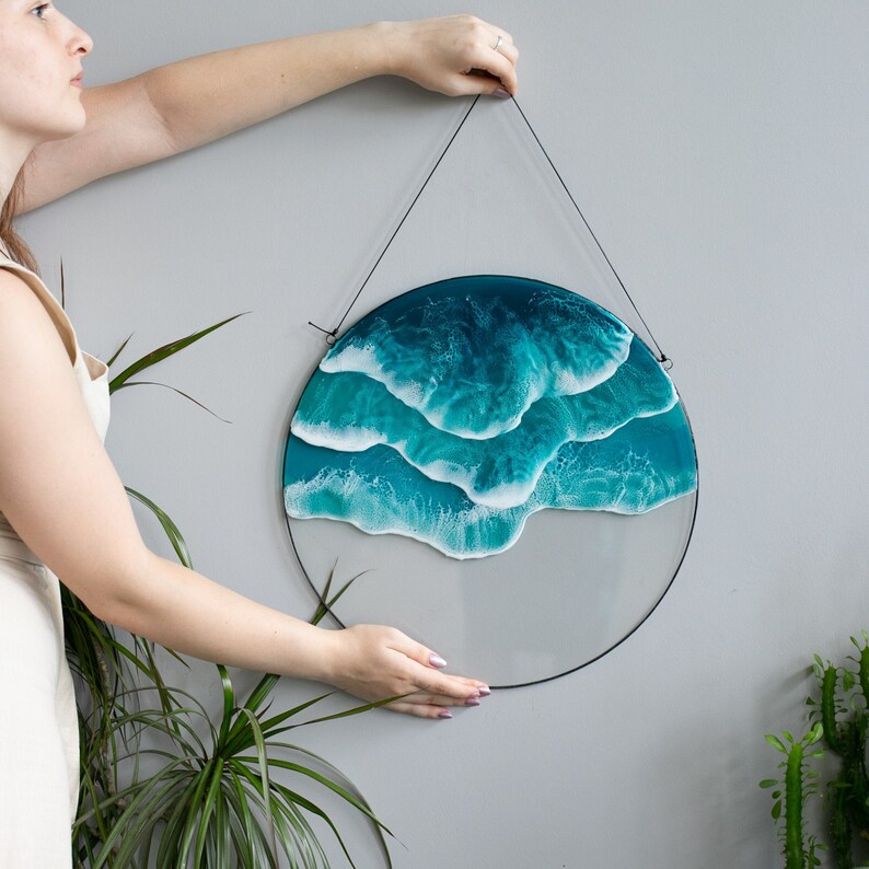 Round sea resin art ocean wave wall hanging framed beach Etsy