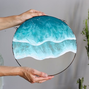 Large round resin sea wave art wall decor, Resin ocean art on a stained glass frame, Circle wall hanging with sea wave painting