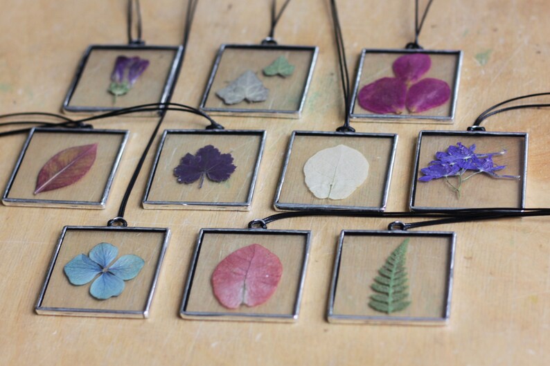 Stained glass Herbarium pendant, Botanical jewelry, geometric with pressed plants, wildflowers and leaves image 5