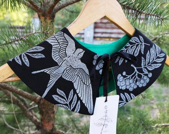 Detachable Gothic Collar with Birds | Handmade Linen Collar for Women | Reversible Victorian Style Dress Accessory