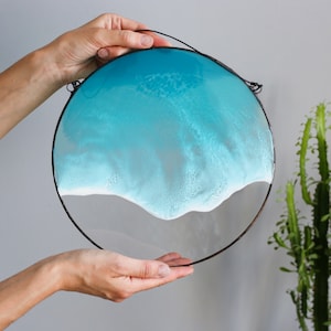Resin sea wall art picture, Round epoxy resin art home decor, Ocean wave wall hanging painting, Fluid art