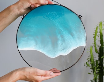 Resin sea wall art picture, Round epoxy resin art home decor, Ocean wave wall hanging painting, Fluid art