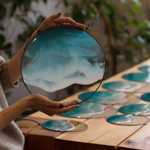 Round ocean waves floating frames, resin art glass sea wave painting wall decor, Coastal ocean wall hangings