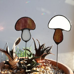 Mushroom stained glass Suncatcher on stem, Plant Stake, rustic home decor, Sun Catcher